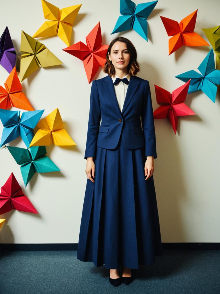 Confident Woman in Navy Blue Suit with Colorful Origami Star Wall Art