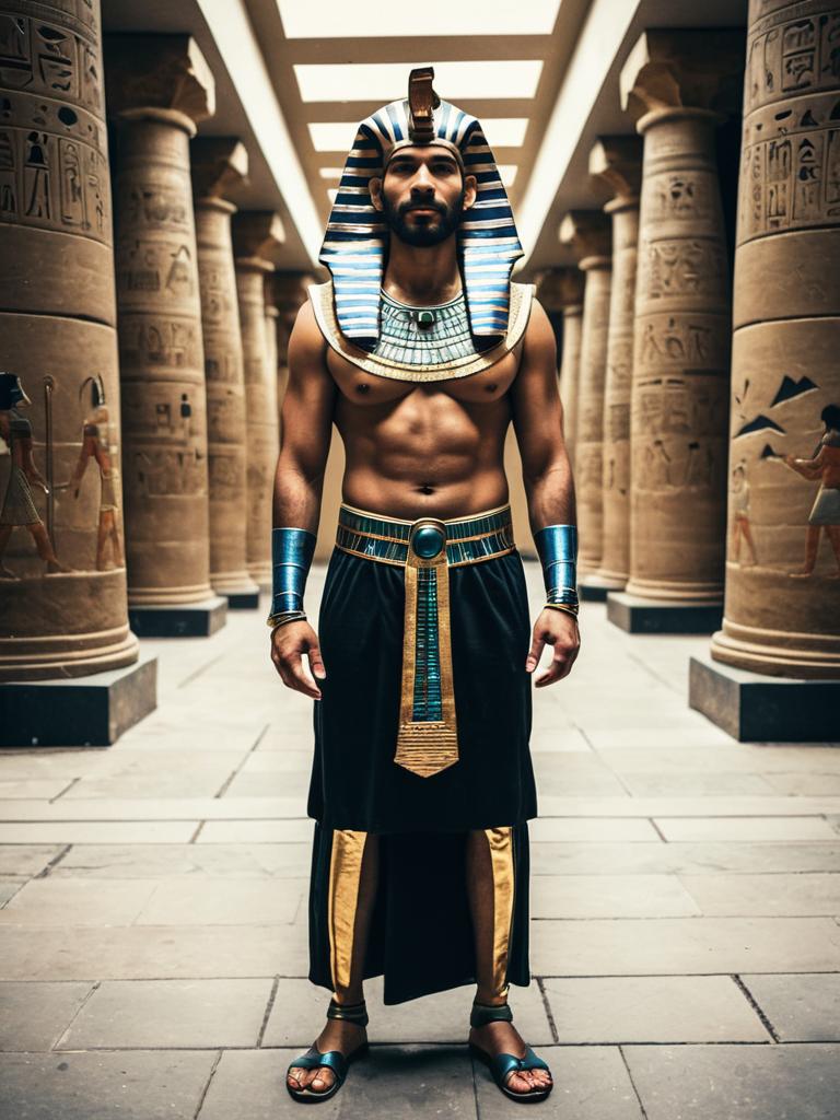 Man in Modern Egyptian Pharaoh Costume Standing in Ancient Temple Corridor