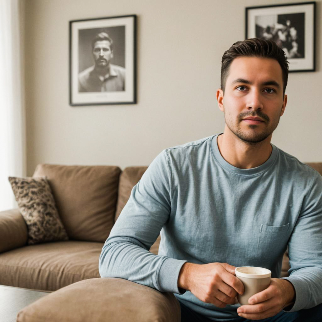 Well-Dressed Man on Sofa with Coffee