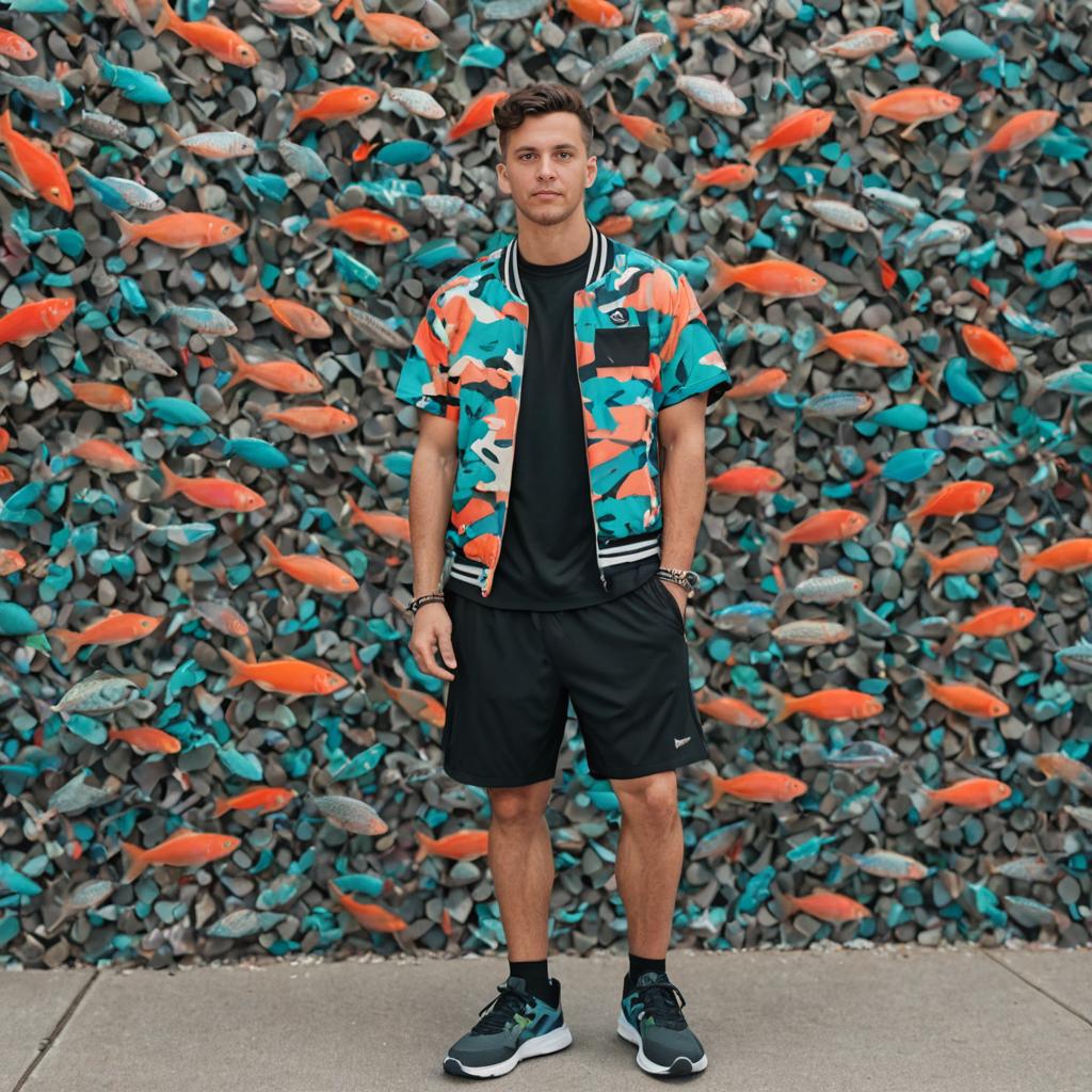 Man in Bold Outfit Against Colorful Fish Mural