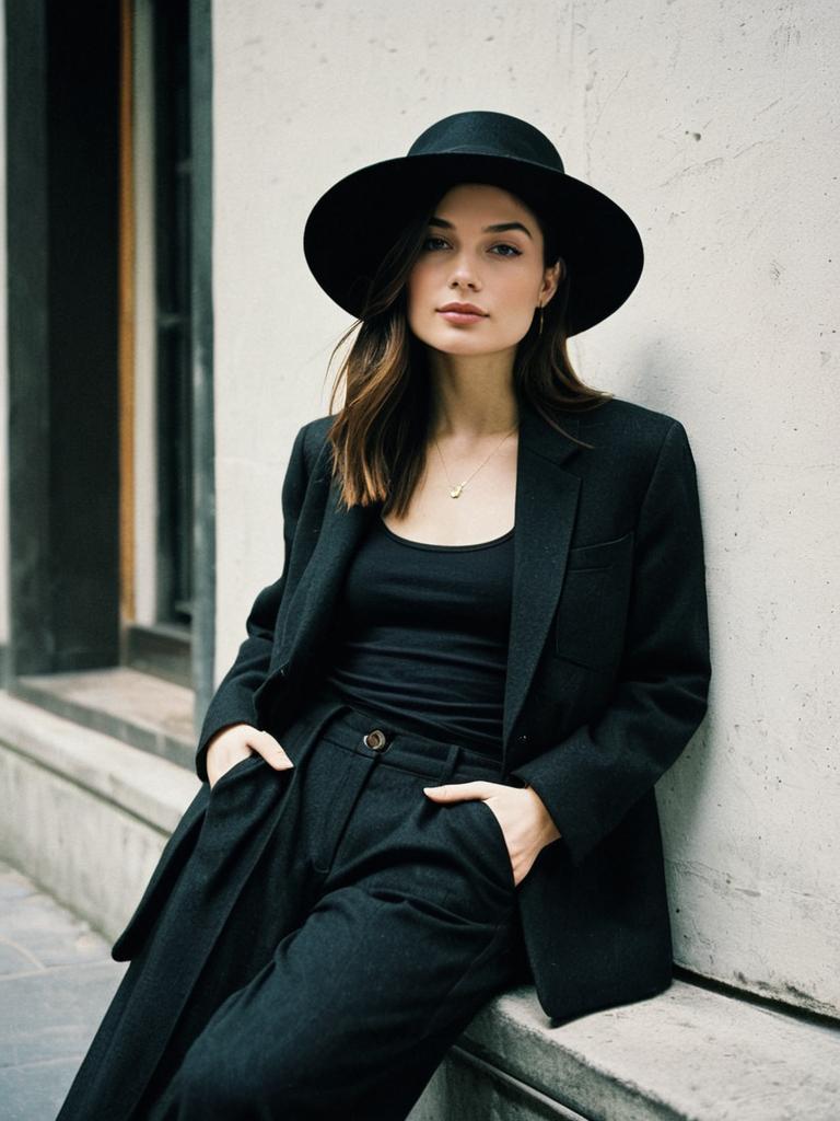 Chic Woman in Black Suit and Wide-Brimmed Hat Leaning on Wall