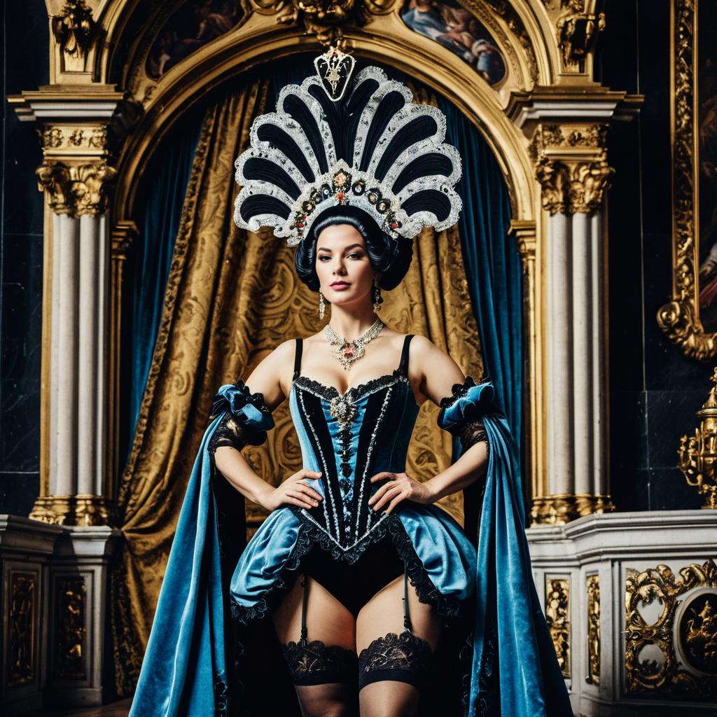 Regal Woman in Baroque Velvet Corset Dress with Elaborate Headdress