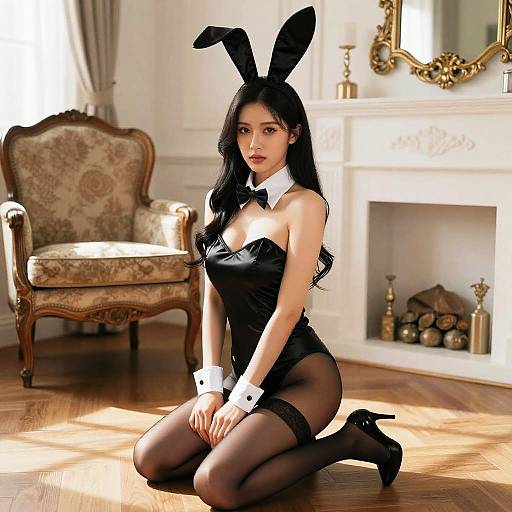 Young Woman in Black Bunny Costume Kneeling in Elegant Interior