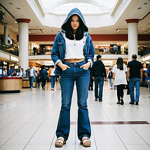 Young Woman in Casual Hooded Denim Jacket and Flared Jeans at Fashion Mall