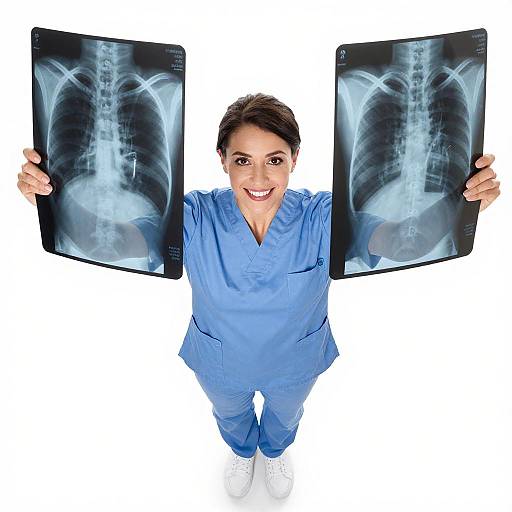 Smiling Female Nurse Holding Chest X-Rays in Blue Scrubs