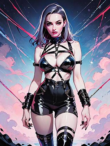 Dark Fantasy Nighttime Woman in Leather Straps Full Body Illustration