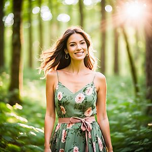 Smiling Woman in Floral Dress in Sunlit Forest