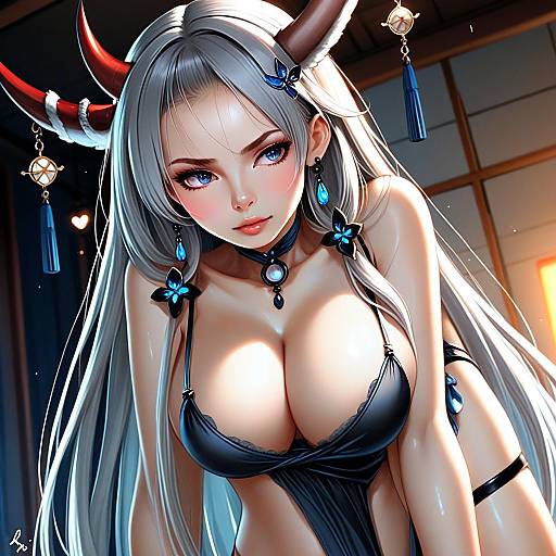 Anime Style Illustration of Woman with Red Horns and Silver Hair