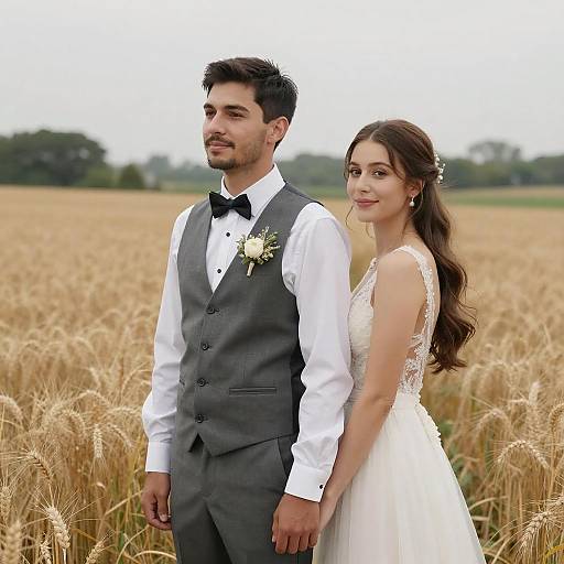 Joyful Bride and Groom in Wheat Field Wedding Portrait