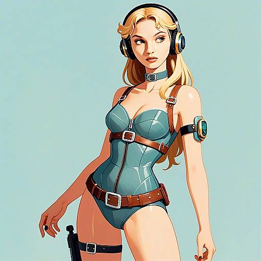 Futuristic Woman in Teal Sci-Fi Bodysuit with Headphones Digital Art