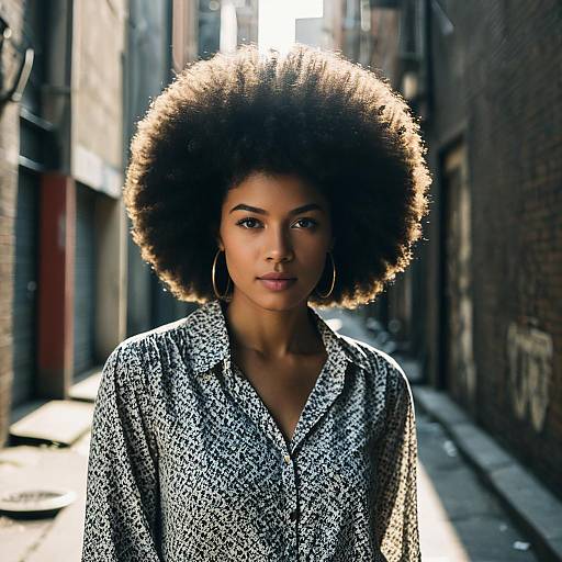 Portrait of Woman with Afro Hairstyle in Sunlit Urban Alleyway