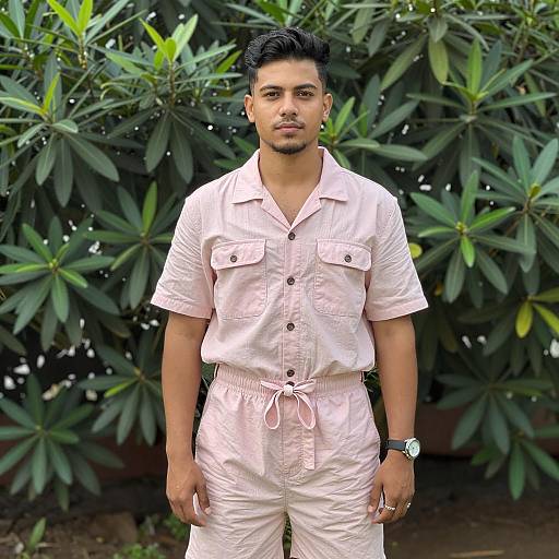 Young Man in Pink Casual Outfit Posing Outdoors with Natural Greenery Background