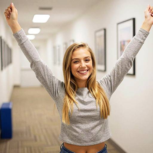 Happy Young Woman Celebrating with Raised Arms in Hallway
