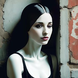 Thoughtful Woman with Flawless Skin Against Weathered Wall