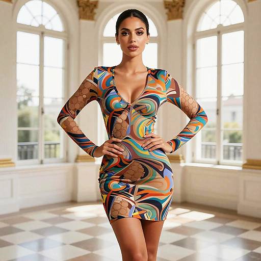 Woman in Colorful Retro Pattern Bodycon Dress in Elegant Interior