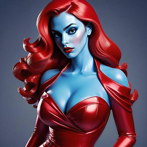 Futuristic Woman with Blue Skin and Red Retro Glamour Dress