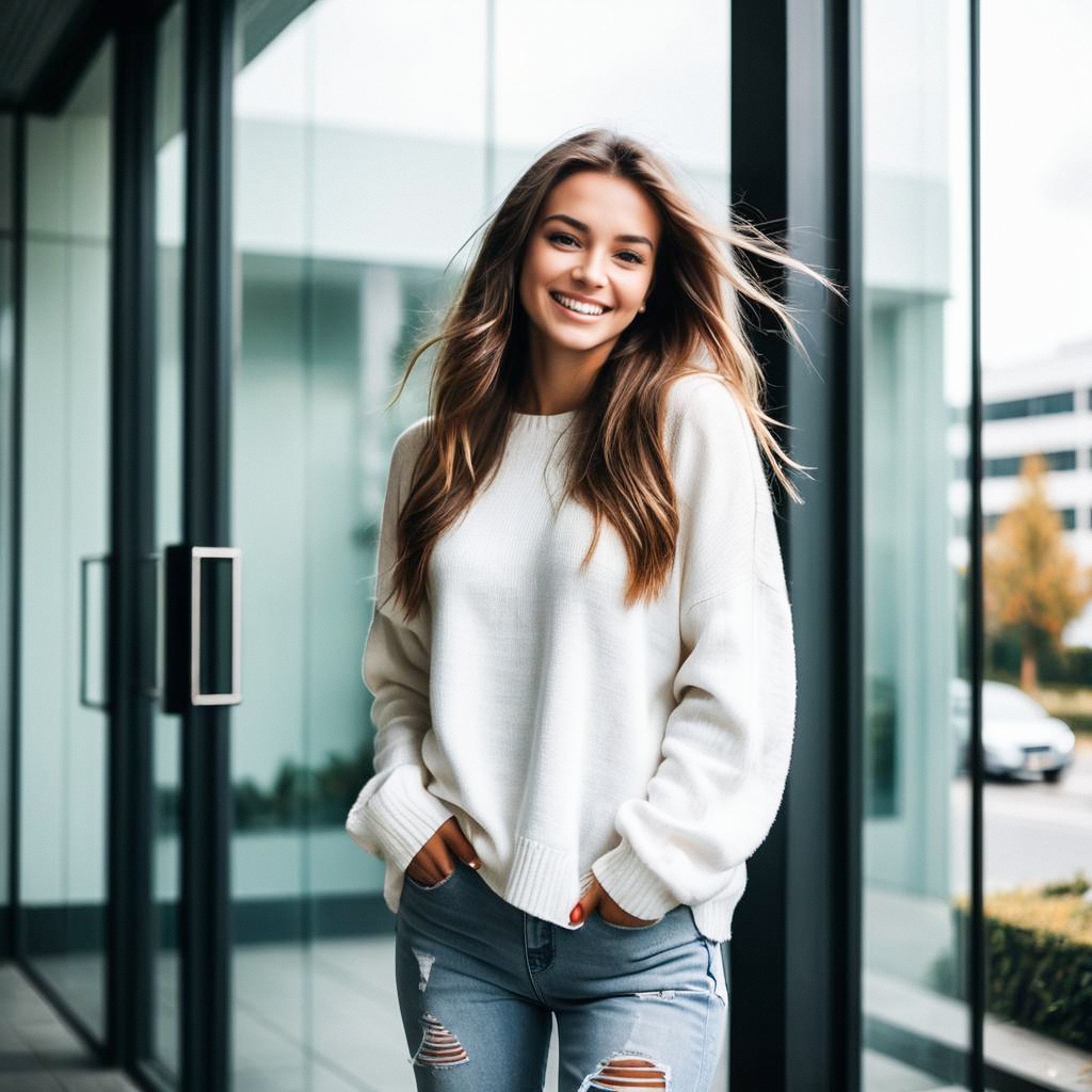Young Woman in Sweater Near Modern Building