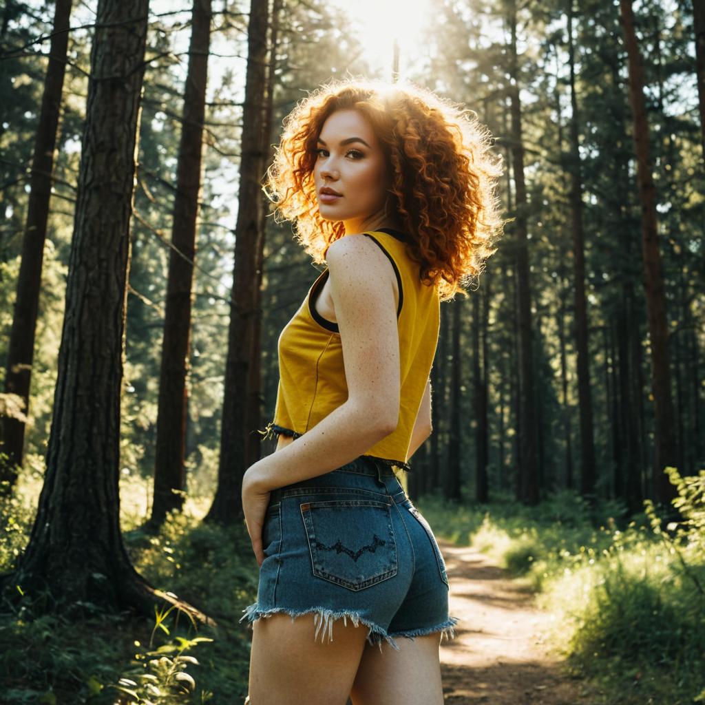 Young Woman with Curly Hair in Denim Shorts on Forest Path
