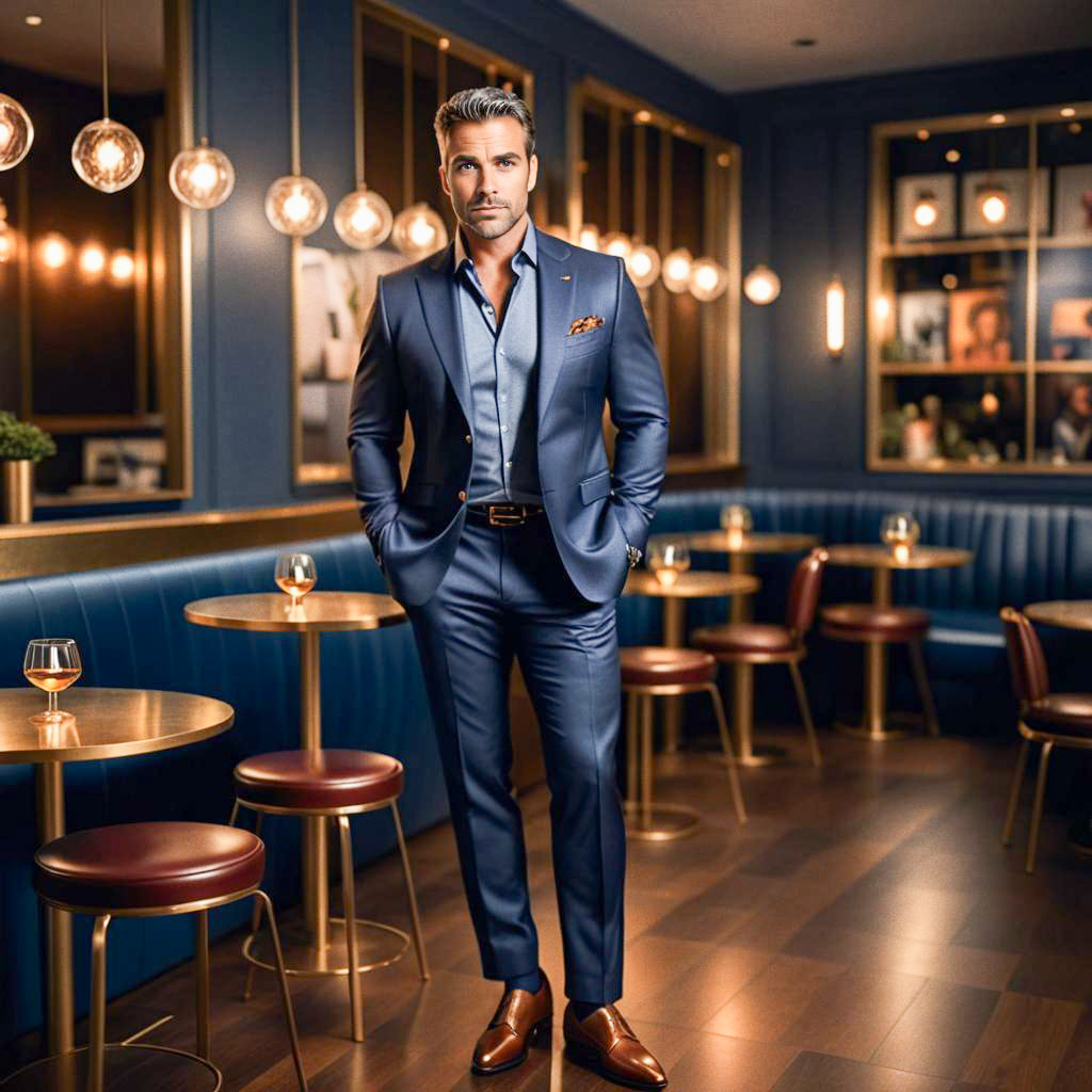 Suave man in tailored blue suit at stylish lounge