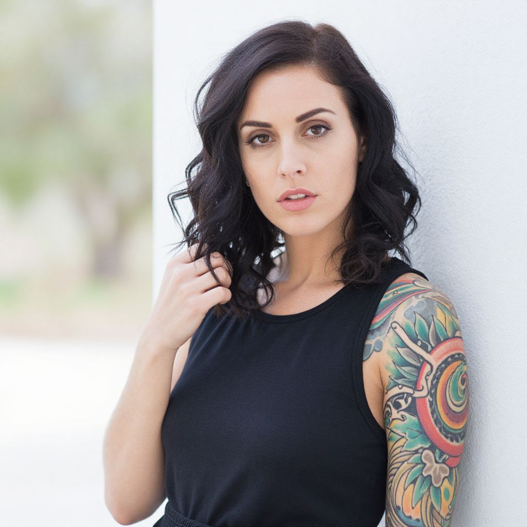 Woman with Colorful Sleeve Tattoo in Black Top Leaning on White Wall
