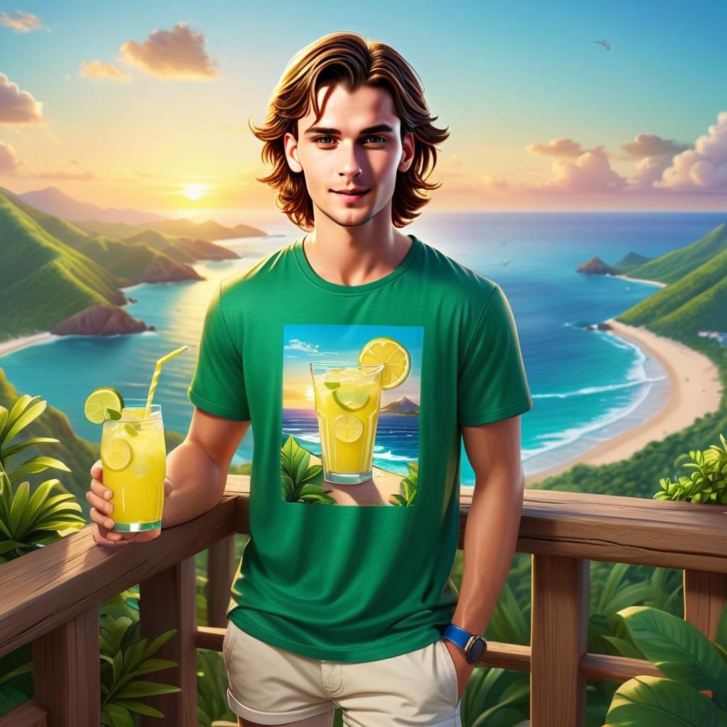 Young man on balcony at tropical sunset with lemon drink