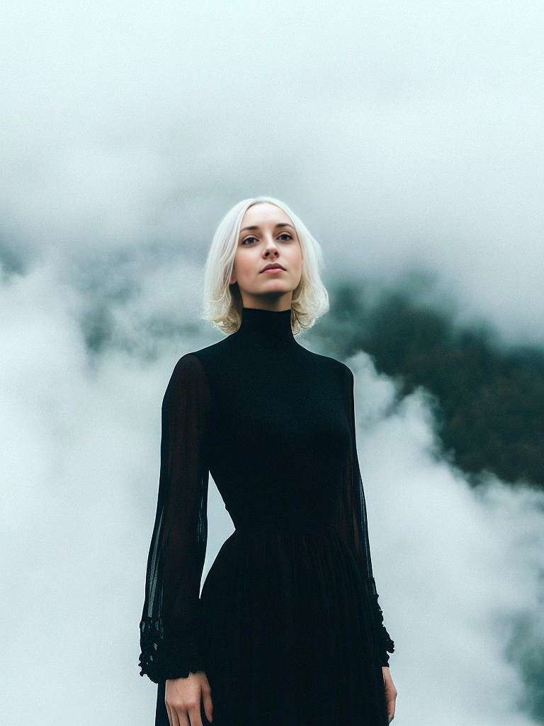 Elegant Woman in Misty Landscape