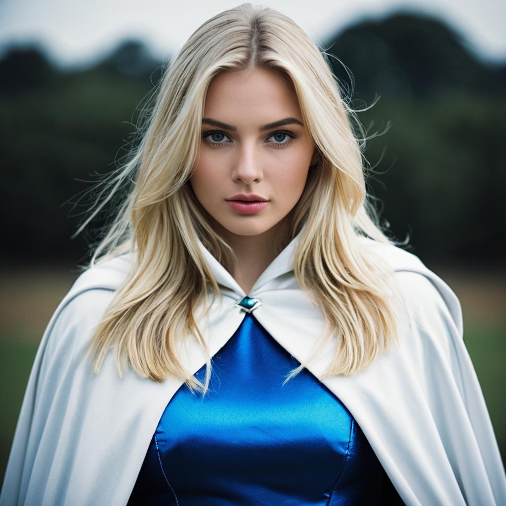Blonde Woman in Blue Dress and White Cape Outdoor Portrait