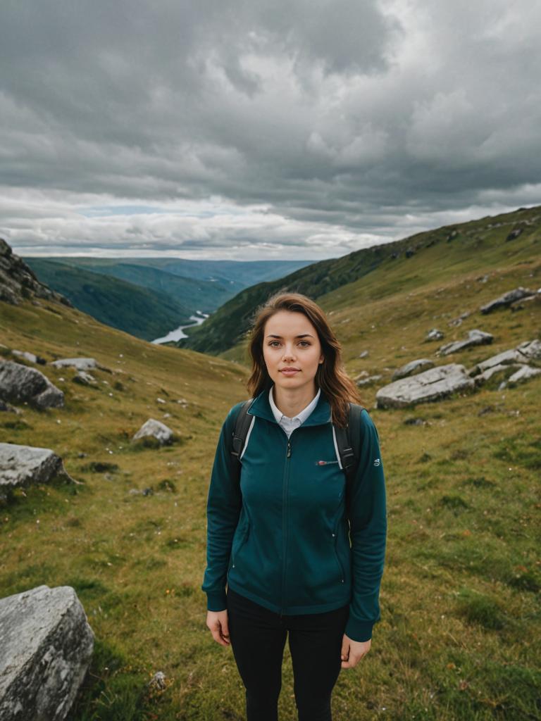 Woman in Scenic Mountain Landscape with Dramatic Sky