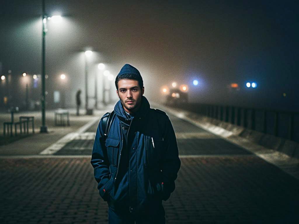 Confident Young Man in Foggy Urban Setting