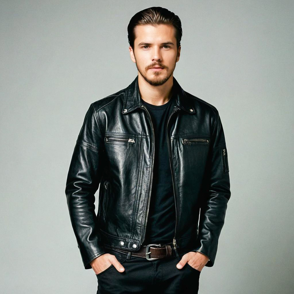 Confident Young Man in Black Leather Jacket Confident Young Man in Black Leather Jacket