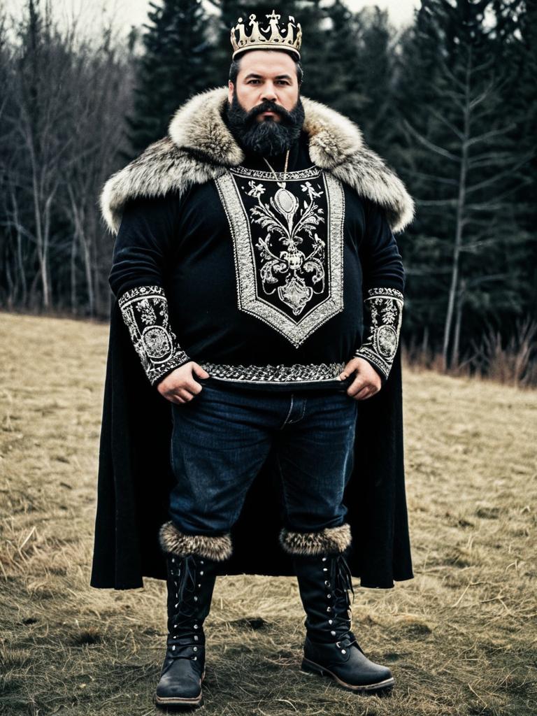 Plus Size Man in Dark Northern King Costume with Crown and Fur Cape Outdoors