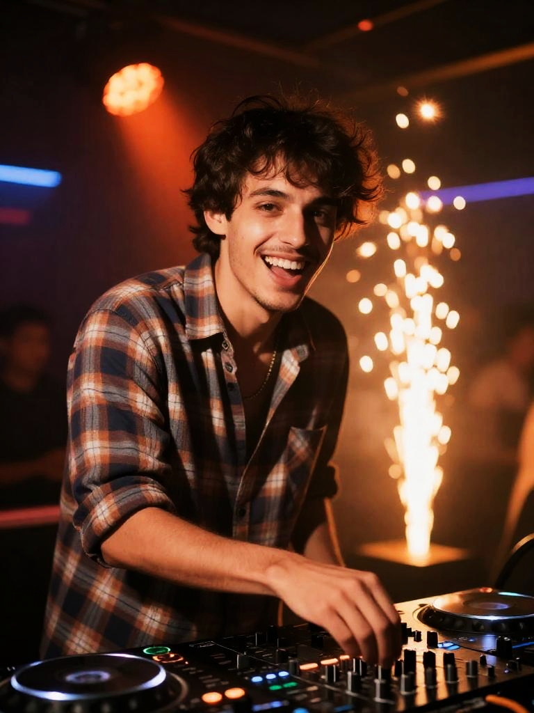 Young Male DJ Mixing Music at Club Party with Sparklers
