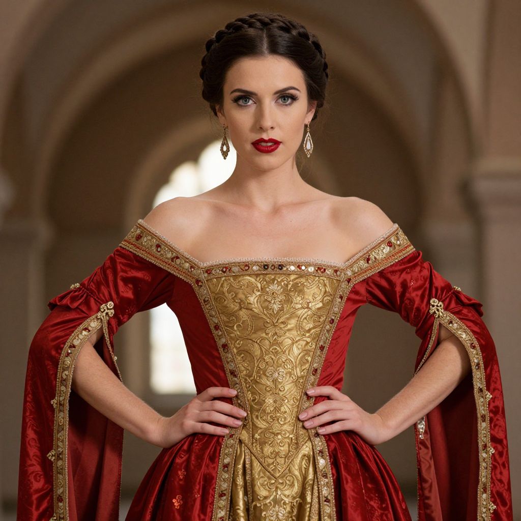 Woman in Elegant Red and Gold Renaissance Style Dress in Historical Setting