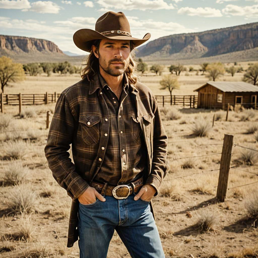 Western Cowboy Man in Rustic Rural Landscape with Mountains