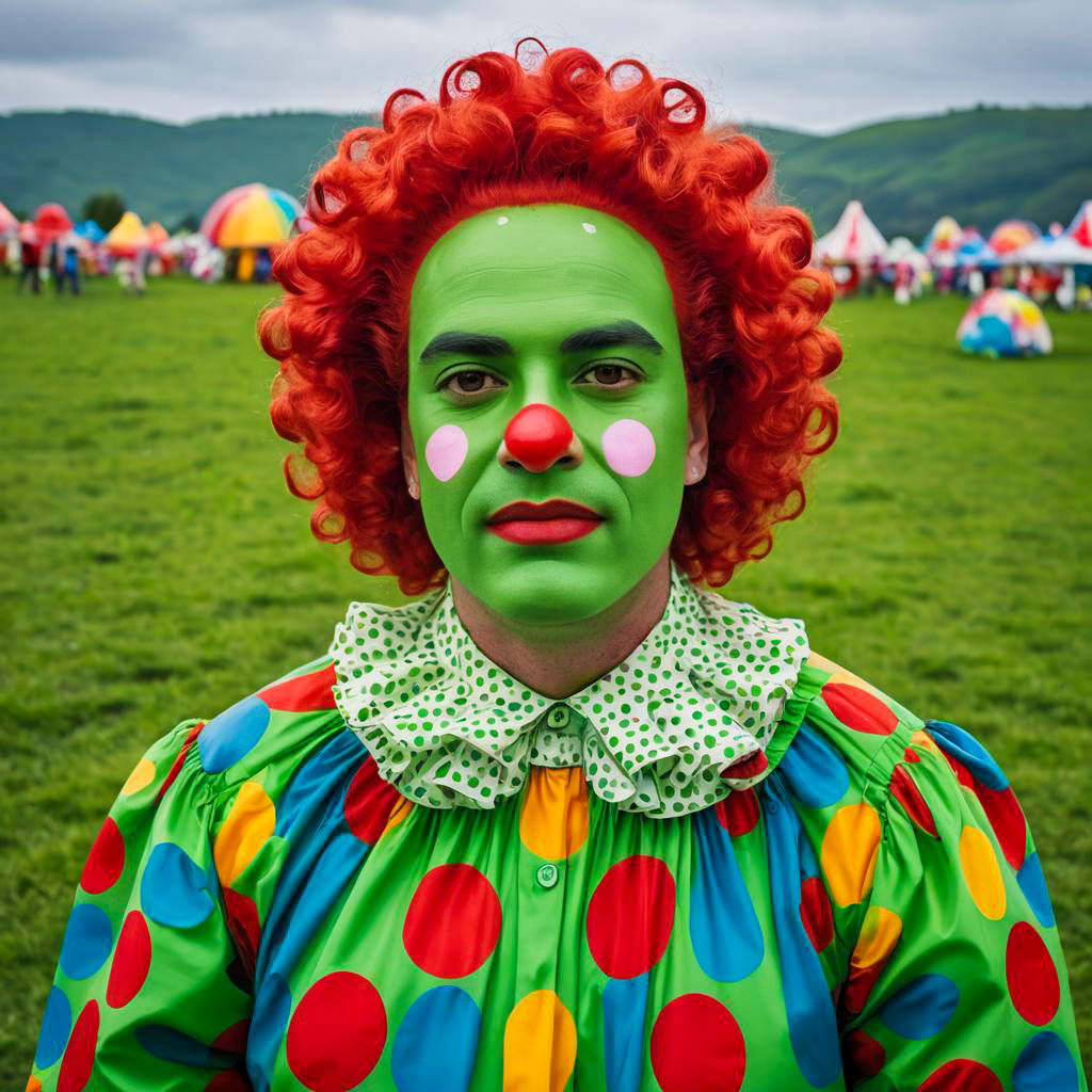 Colorful Clown in Vibrant Polka Dot Costume at Outdoor Festival