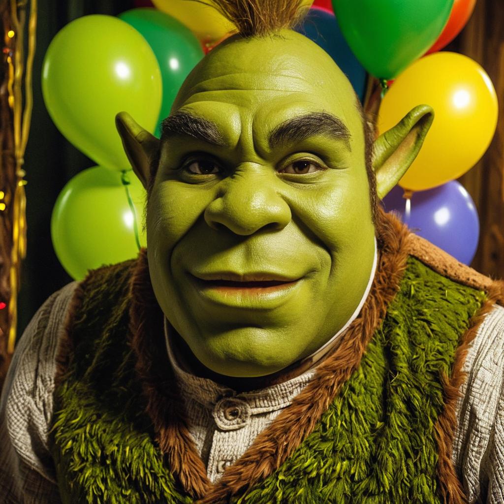 Close-up of a man in green ogre makeup with festive backdrop