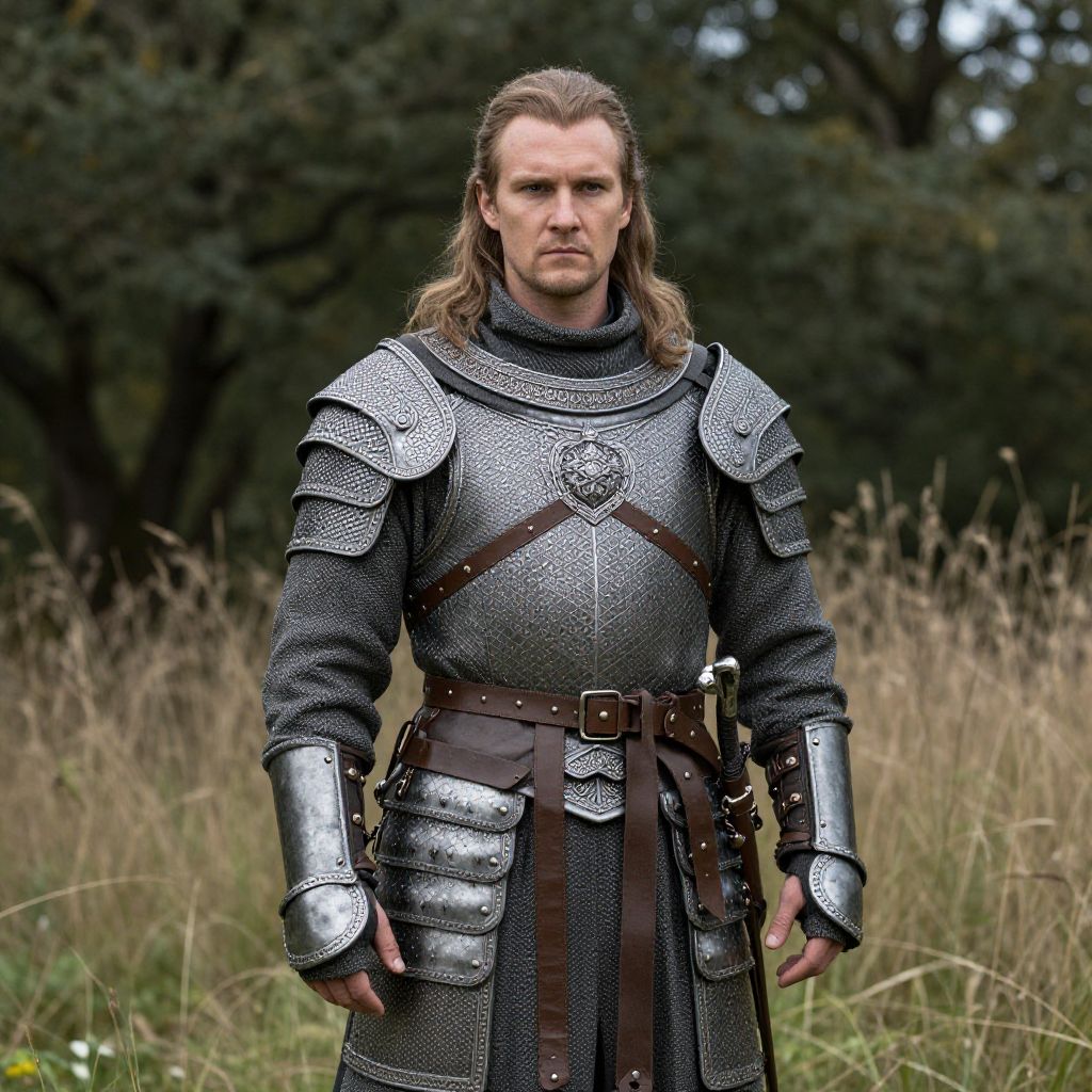 Man in Detailed Medieval Armor Standing Outdoors