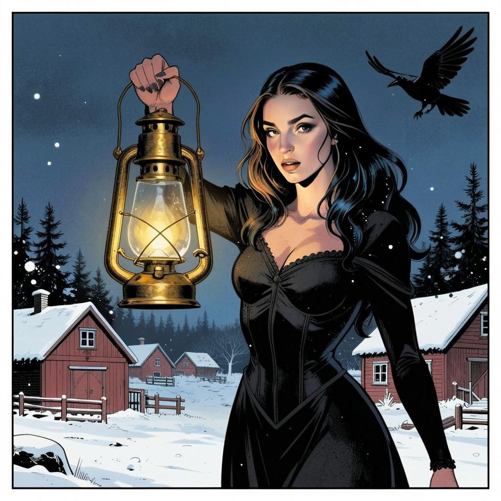 Gothic Woman in Black Dress Holding Lantern in Snowy Winter Village
