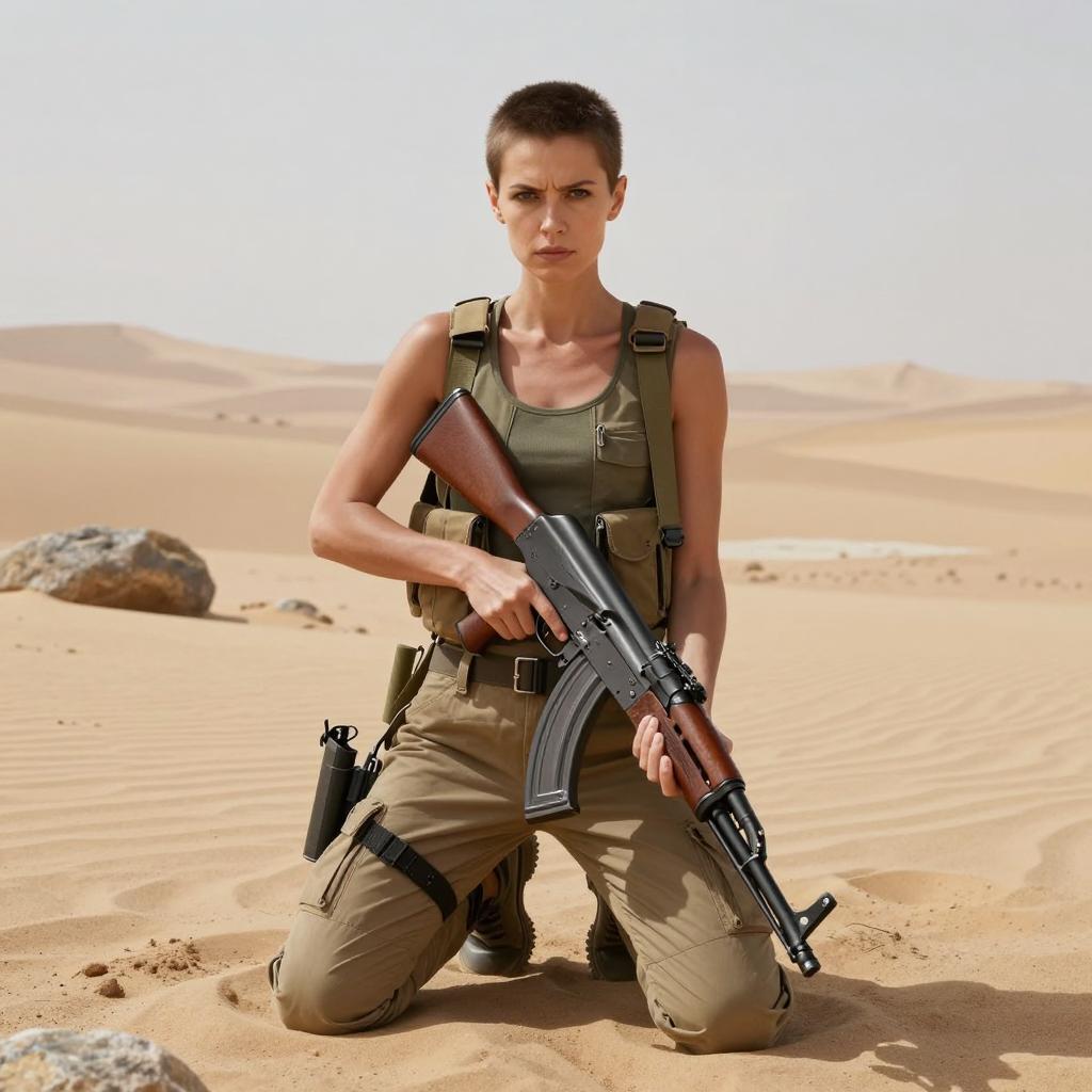 Young Woman Soldier Armed in Desert Tactical Gear