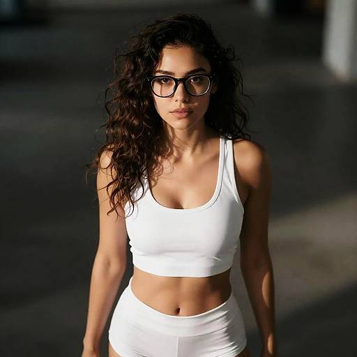 Young Woman in White Crop Top and Shorts with Glasses