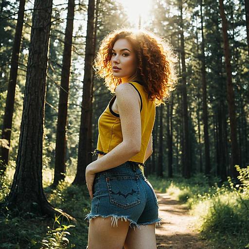 Young Woman with Curly Hair in Denim Shorts on Forest Path