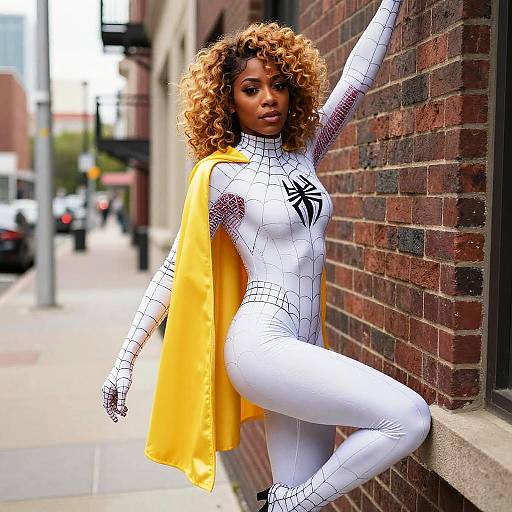 Woman in White Spider-Man Inspired Suit with Yellow Cape Posing Against Brick Wall