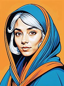 Woman with White Hair in Blue and Orange Garment