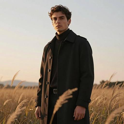 Stylish Young Man in Black Trench Coat in Sunset Field - Gen Z Fashion