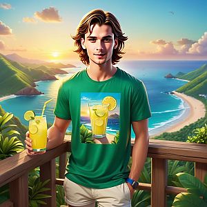 Young man on balcony at tropical sunset with lemon drink