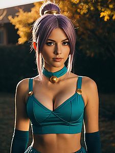 Realistic Cosplay Woman Wearing Blue Bulla Bra Costume Inspired by Android 18