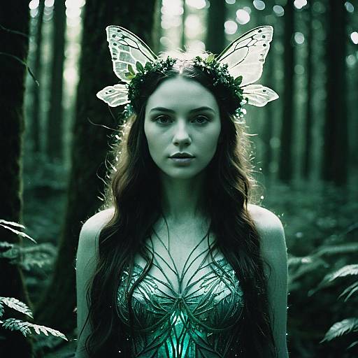 Enchanting Woman with Butterfly Wings in Mystical Forest
