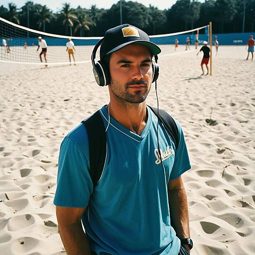 Young Man with Headphones on Beach Volleyball Court