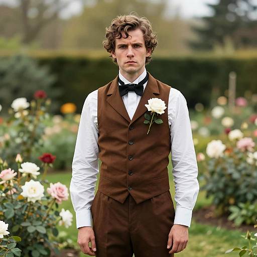 Young Man in Vintage Brown Vest with White Rose in Rose Garden