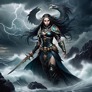 Powerful Female Warrior in Stormy Sea
